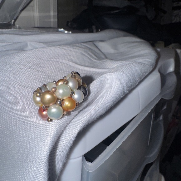 White, Brown, Black & Gray +Two-strand Freshwater Pearl Stretch Ring 1/2 Inch W - Picture 2 of 3